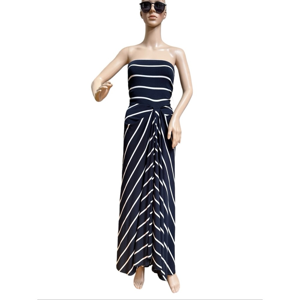 Navy and White Vintage Striped Strapless Maxi A-line Dress, S - Picture 5 of 7